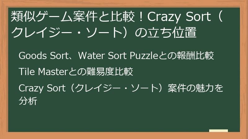 類似ゲーム案件と比較！Crazy Sort（クレイジー・ソート）の立ち位置