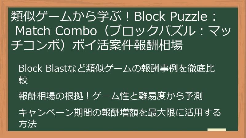 類似ゲームから学ぶ！Block Puzzle : Match Combo（ブロックパズル：マッチコンボ）ポイ活案件報酬相場