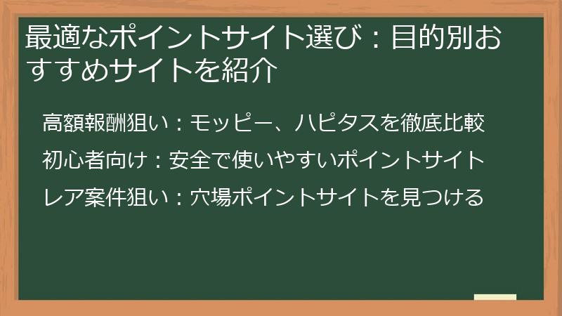 最適なポイントサイト選び：目的別おすすめサイトを紹介