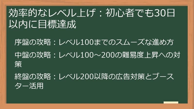 効率的なレベル上げ：初心者でも30日以内に目標達成