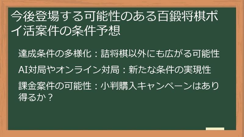 今後登場する可能性のある百鍛将棋ポイ活案件の条件予想
