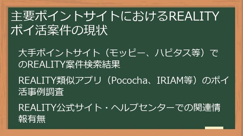 主要ポイントサイトにおけるREALITYポイ活案件の現状