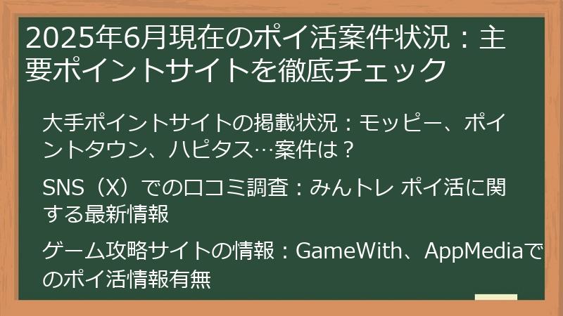 2025年6月現在のポイ活案件状況：主要ポイントサイトを徹底チェック