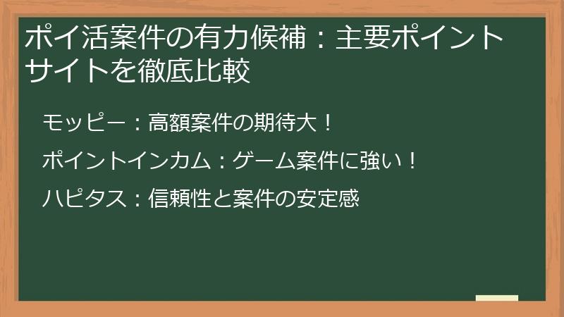 ポイ活案件の有力候補:主要ポイントサイトを徹底比較