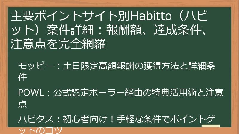 主要ポイントサイト別Habitto（ハビット）案件詳細：報酬額、達成条件、注意点を完全網羅