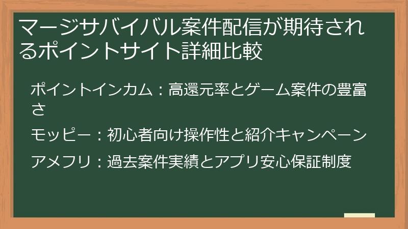マージサバイバル案件配信が期待されるポイントサイト詳細比較