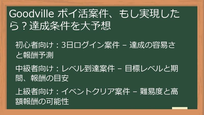 Goodville ポイ活案件、もし実現したら？達成条件を大予想