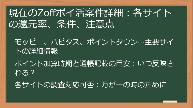現在のZoffポイ活案件詳細：各サイトの還元率、条件、注意点