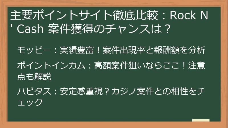 主要ポイントサイト徹底比較：Rock N' Cash 案件獲得のチャンスは？