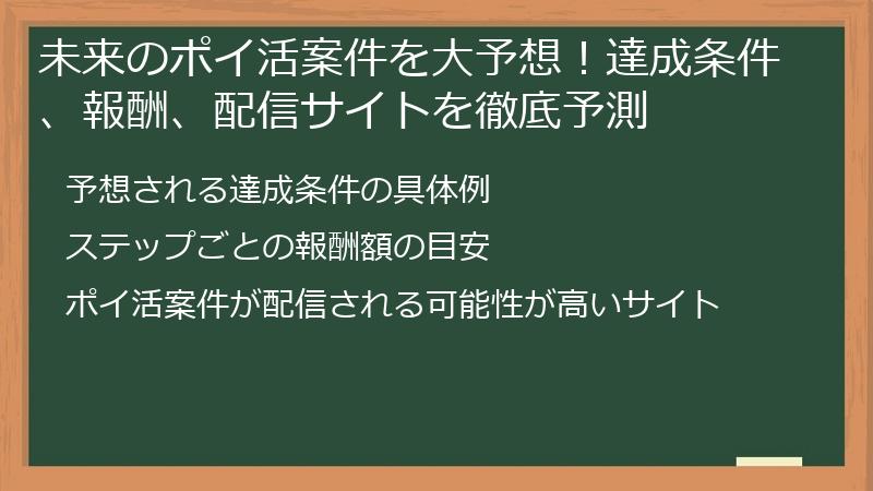 未来のポイ活案件を大予想！達成条件、報酬、配信サイトを徹底予測