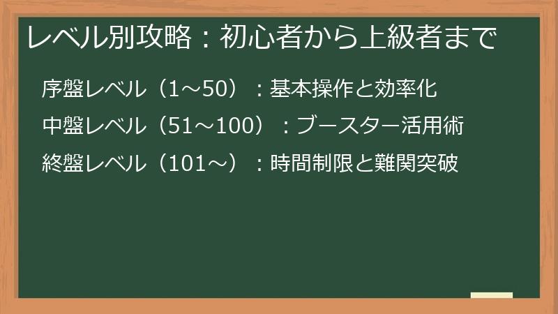 レベル別攻略：初心者から上級者まで