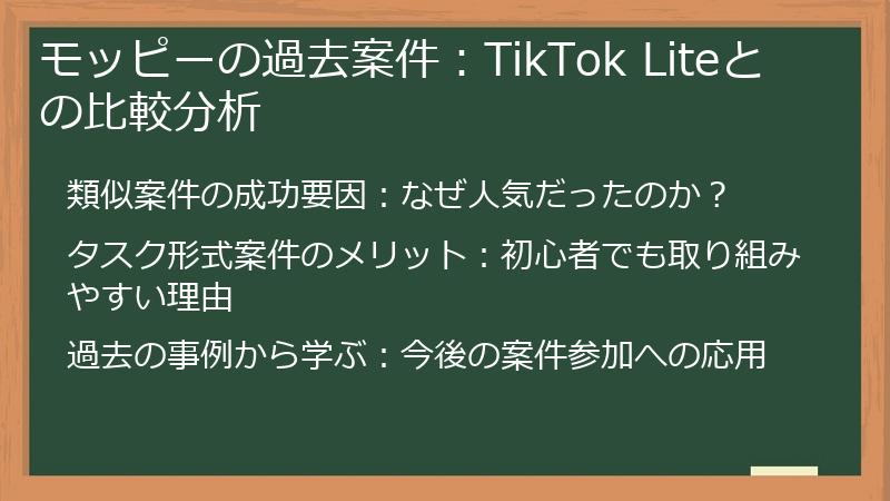 モッピーの過去案件：TikTok Liteとの比較分析