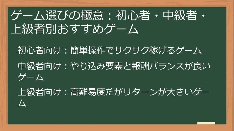 ゲーム選びの極意：初心者・中級者・上級者別おすすめゲーム