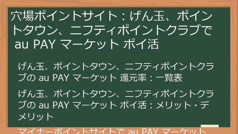 穴場ポイントサイト：げん玉、ポイントタウン、ニフティポイントクラブで au PAY マーケット ポイ活