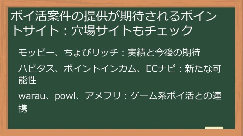ポイ活案件の提供が期待されるポイントサイト：穴場サイトもチェック