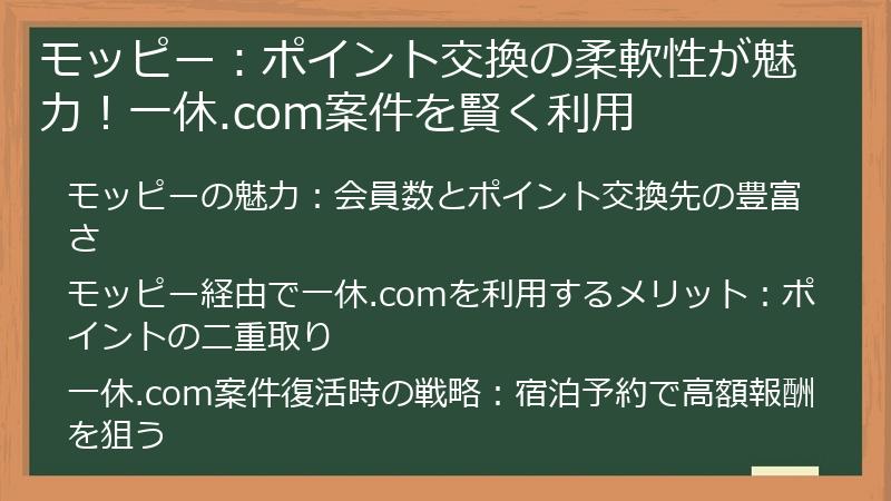 モッピー：ポイント交換の柔軟性が魅力！一休.com案件を賢く利用
