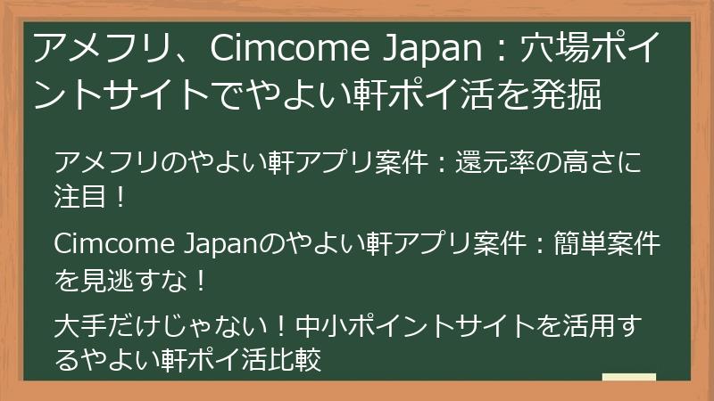 アメフリ、Cimcome Japan：穴場ポイントサイトでやよい軒ポイ活を発掘