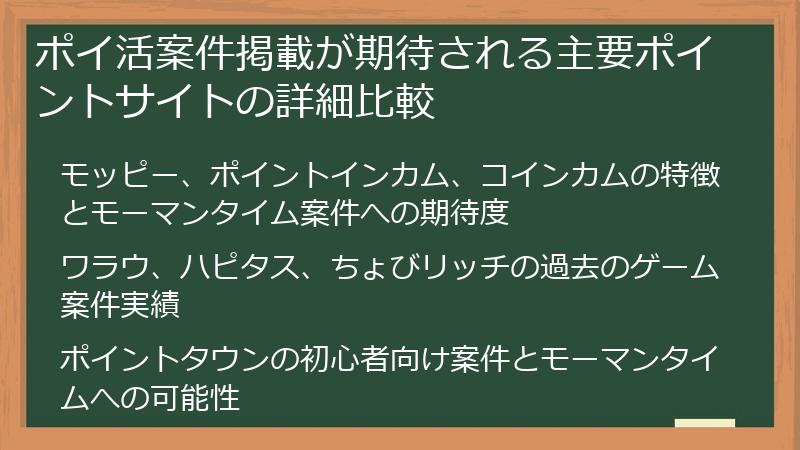 ポイ活案件掲載が期待される主要ポイントサイトの詳細比較