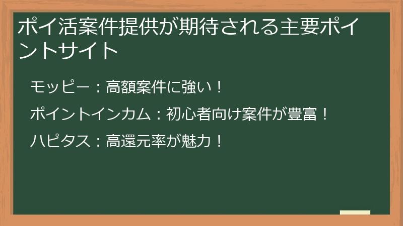ポイ活案件提供が期待される主要ポイントサイト