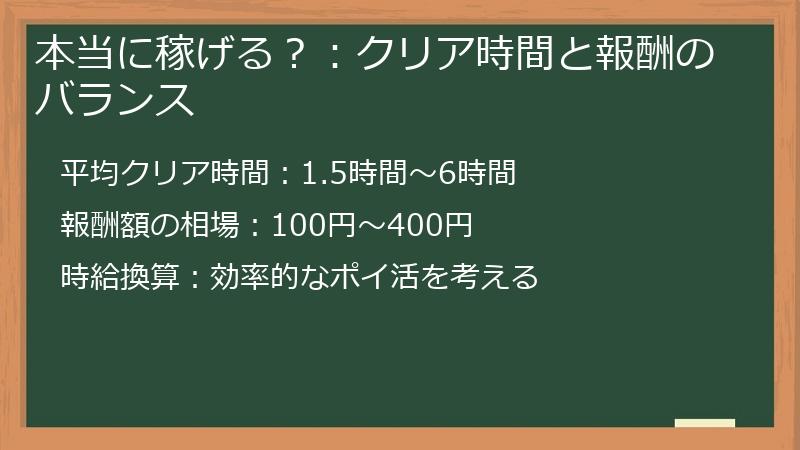 本当に稼げる?:クリア時間と報酬のバランス