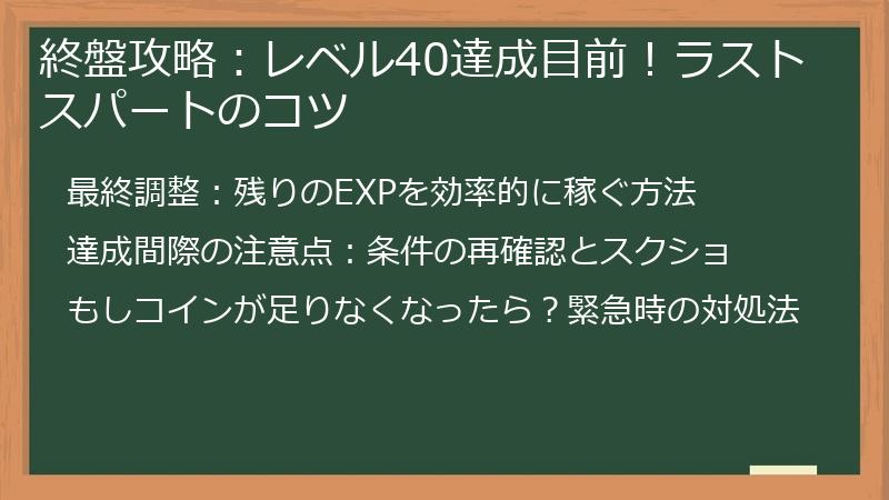 終盤攻略：レベル40達成目前！ラストスパートのコツ