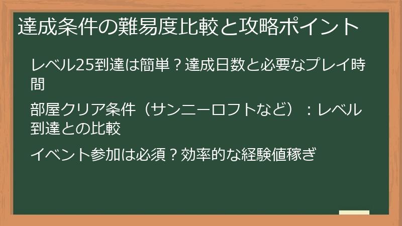 達成条件の難易度比較と攻略ポイント