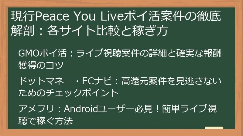 現行Peace You Liveポイ活案件の徹底解剖：各サイト比較と稼ぎ方