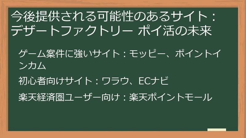 今後提供される可能性のあるサイト：デザートファクトリー ポイ活の未来
