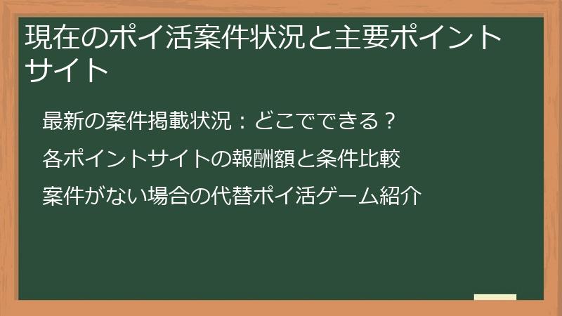 現在のポイ活案件状況と主要ポイントサイト