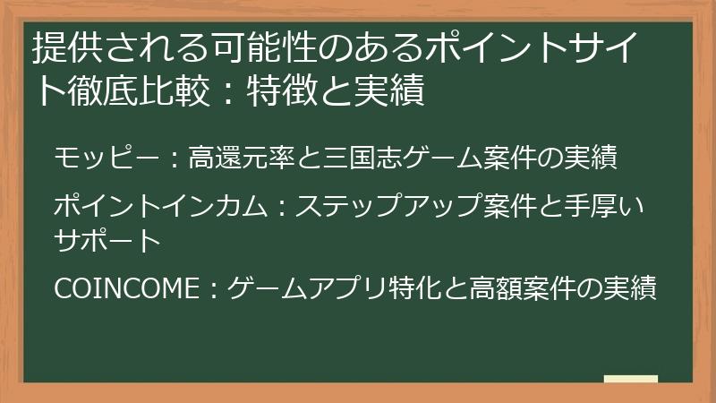 提供される可能性のあるポイントサイト徹底比較：特徴と実績