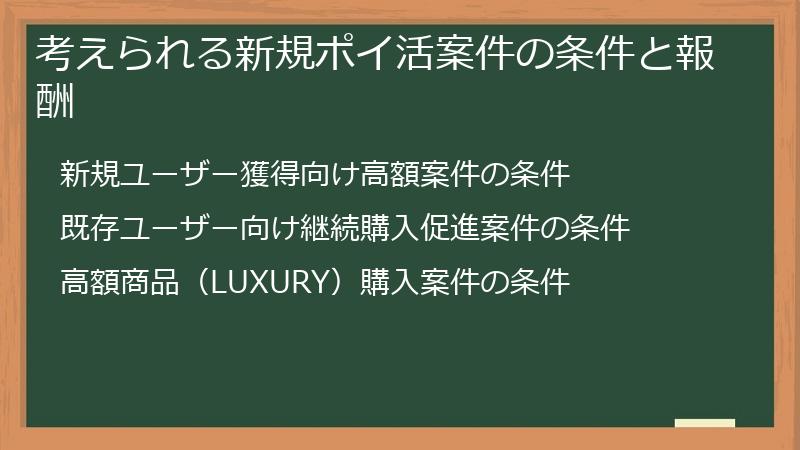 考えられる新規ポイ活案件の条件と報酬
