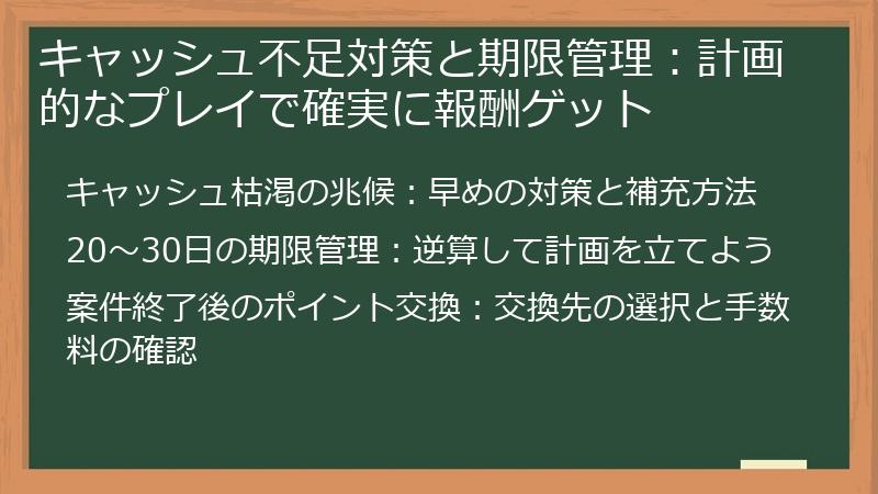 キャッシュ不足対策と期限管理:計画的なプレイで確実に報酬ゲット