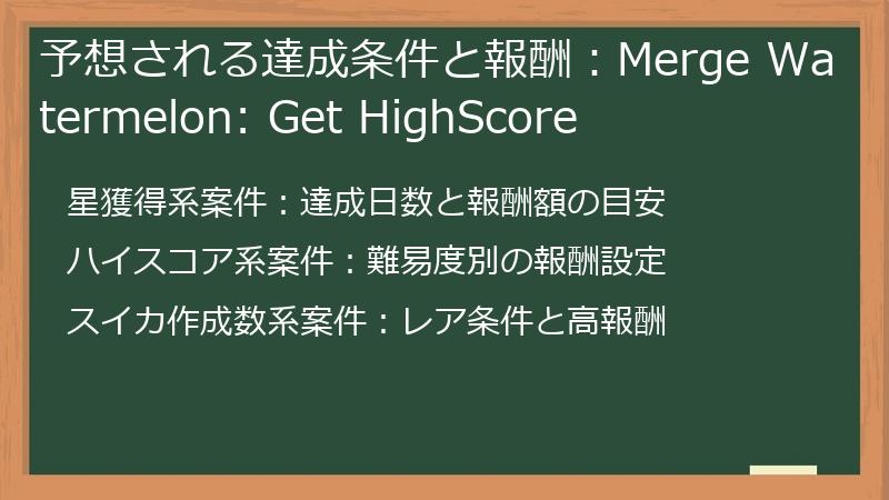 予想される達成条件と報酬：Merge Watermelon: Get HighScore