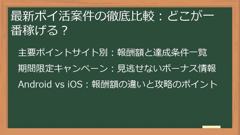 最新ポイ活案件の徹底比較：どこが一番稼げる？