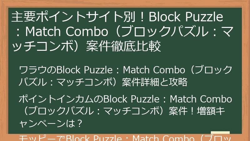 主要ポイントサイト別！Block Puzzle : Match Combo（ブロックパズル：マッチコンボ）案件徹底比較
