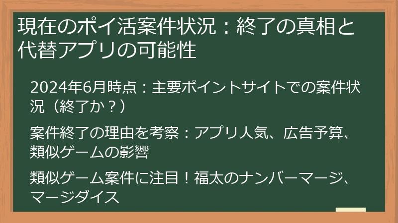 現在のポイ活案件状況：終了の真相と代替アプリの可能性