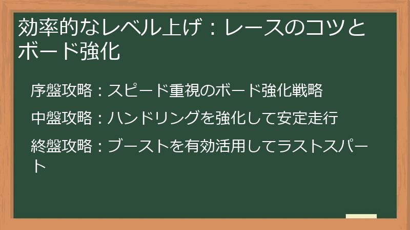 効率的なレベル上げ：レースのコツとボード強化