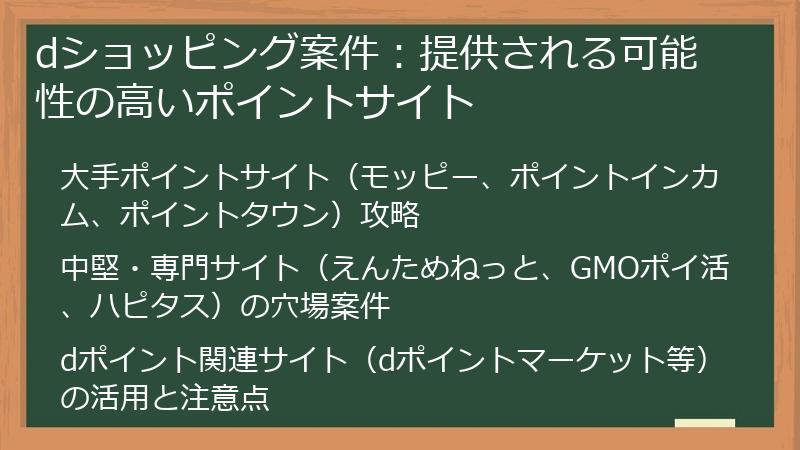 dショッピング案件：提供される可能性の高いポイントサイト