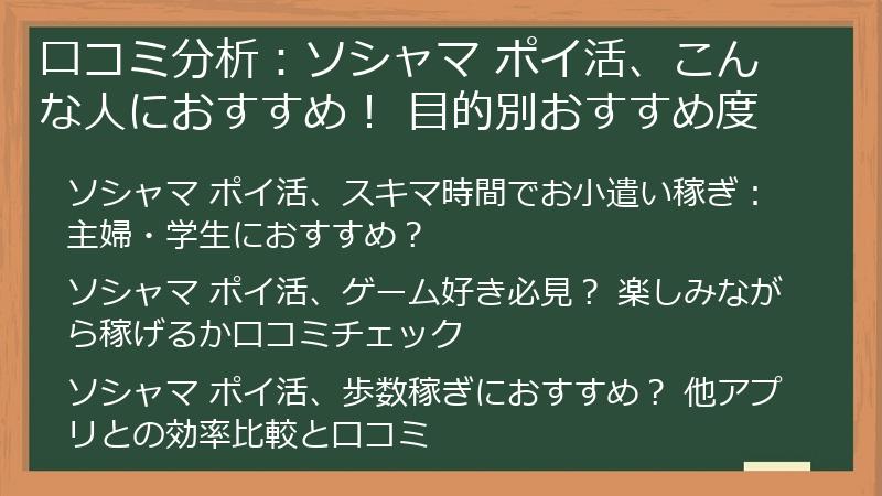 口コミ分析:ソシャマ ポイ活、こんな人におすすめ! 目的別おすすめ度