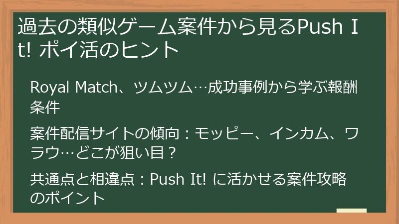 過去の類似ゲーム案件から見るPush It! ポイ活のヒント