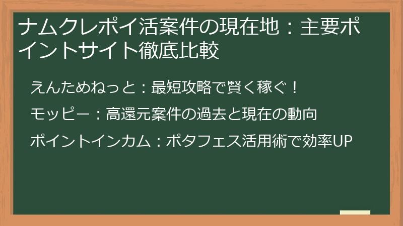 ナムクレポイ活案件の現在地：主要ポイントサイト徹底比較
