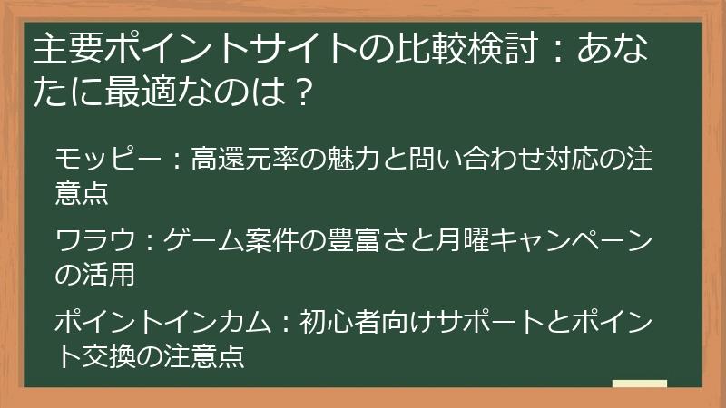 主要ポイントサイトの比較検討：あなたに最適なのは？