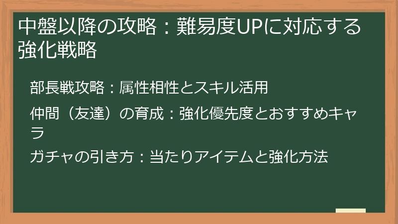 中盤以降の攻略：難易度UPに対応する強化戦略