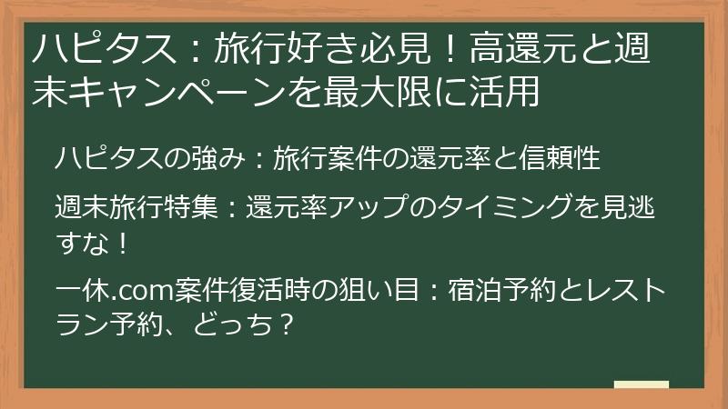 ハピタス：旅行好き必見！高還元と週末キャンペーンを最大限に活用
