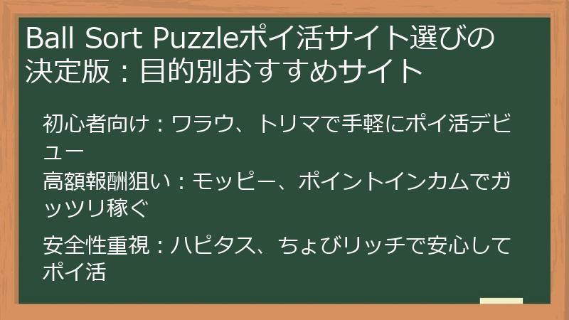 Ball Sort Puzzleポイ活サイト選びの決定版:目的別おすすめサイト