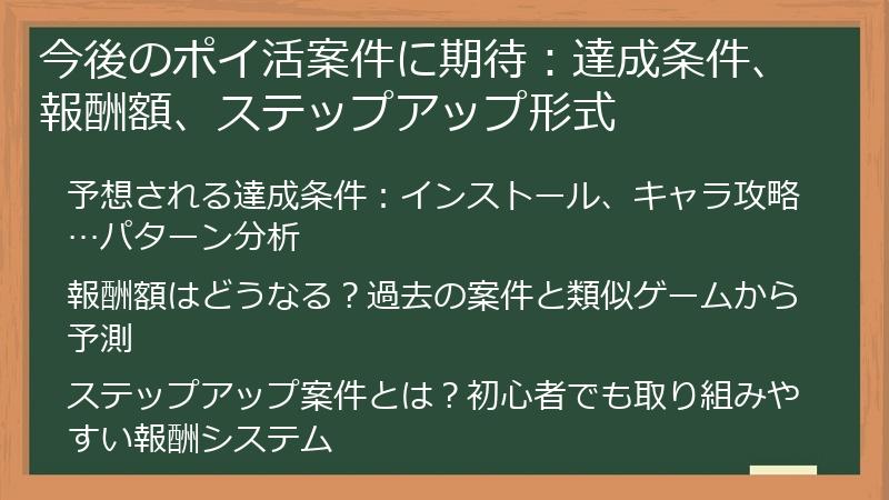 今後のポイ活案件に期待:達成条件、報酬額、ステップアップ形式