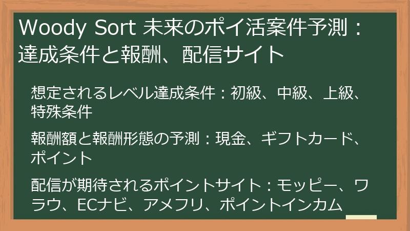 Woody Sort 未来のポイ活案件予測：達成条件と報酬、配信サイト
