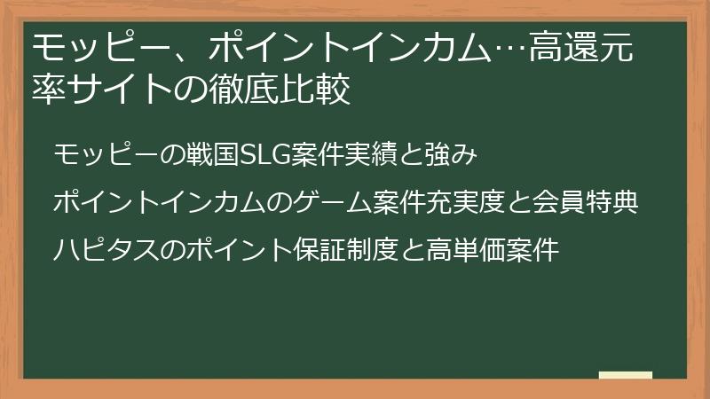 モッピー、ポイントインカム…高還元率サイトの徹底比較