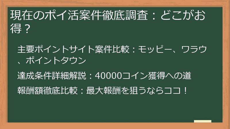 現在のポイ活案件徹底調査：どこがお得？