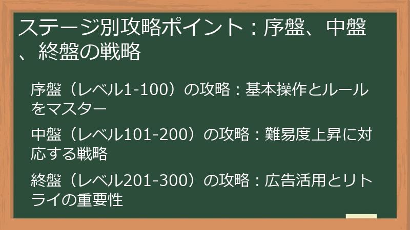 ステージ別攻略ポイント：序盤、中盤、終盤の戦略